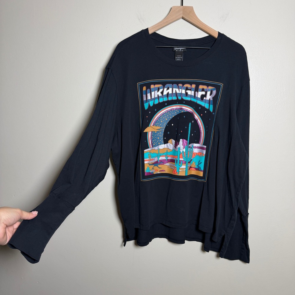 Wrangler Womens Cotton Long Sleeve Graphic Tee XXL Black Desert Moon Cactus